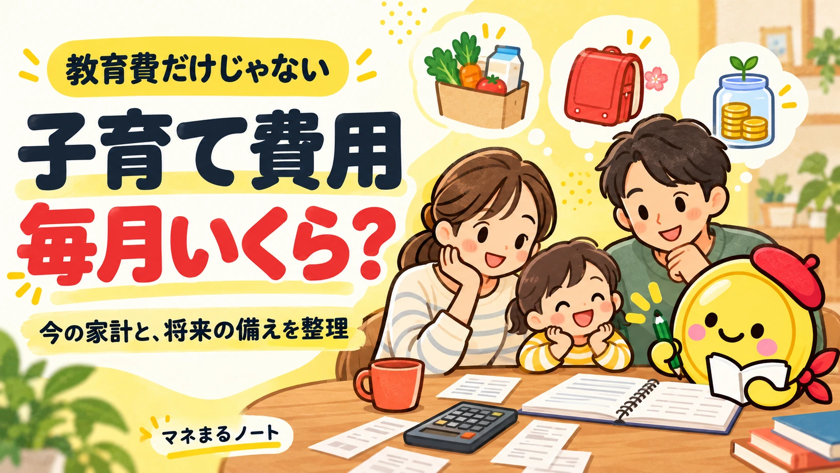 子育て費用は毎月いくら?家計を整理する家族とマネまる。教育費だけでなく今の暮らしと将来の備えを考える。