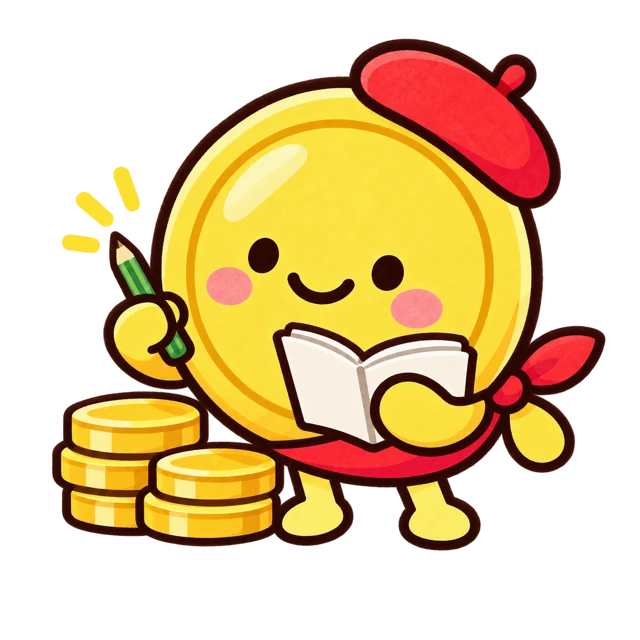 ノートを手に、お金の学びを案内するマネまる