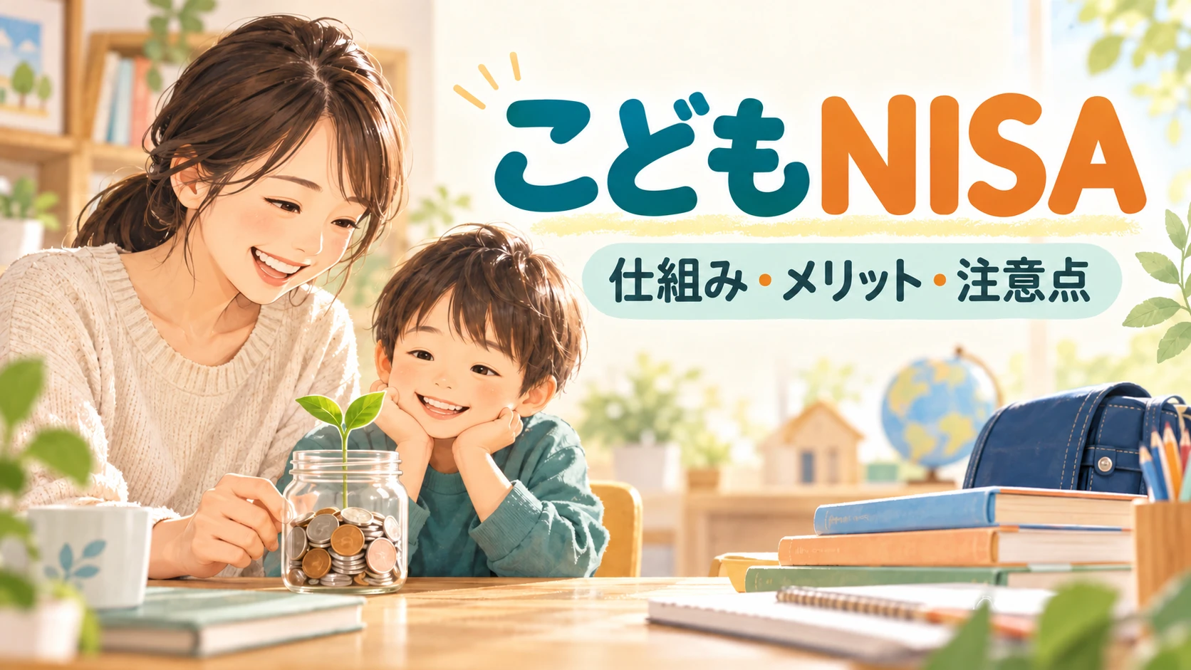 こどもNISAの仕組み・メリット・注意点を紹介する親子のイラスト